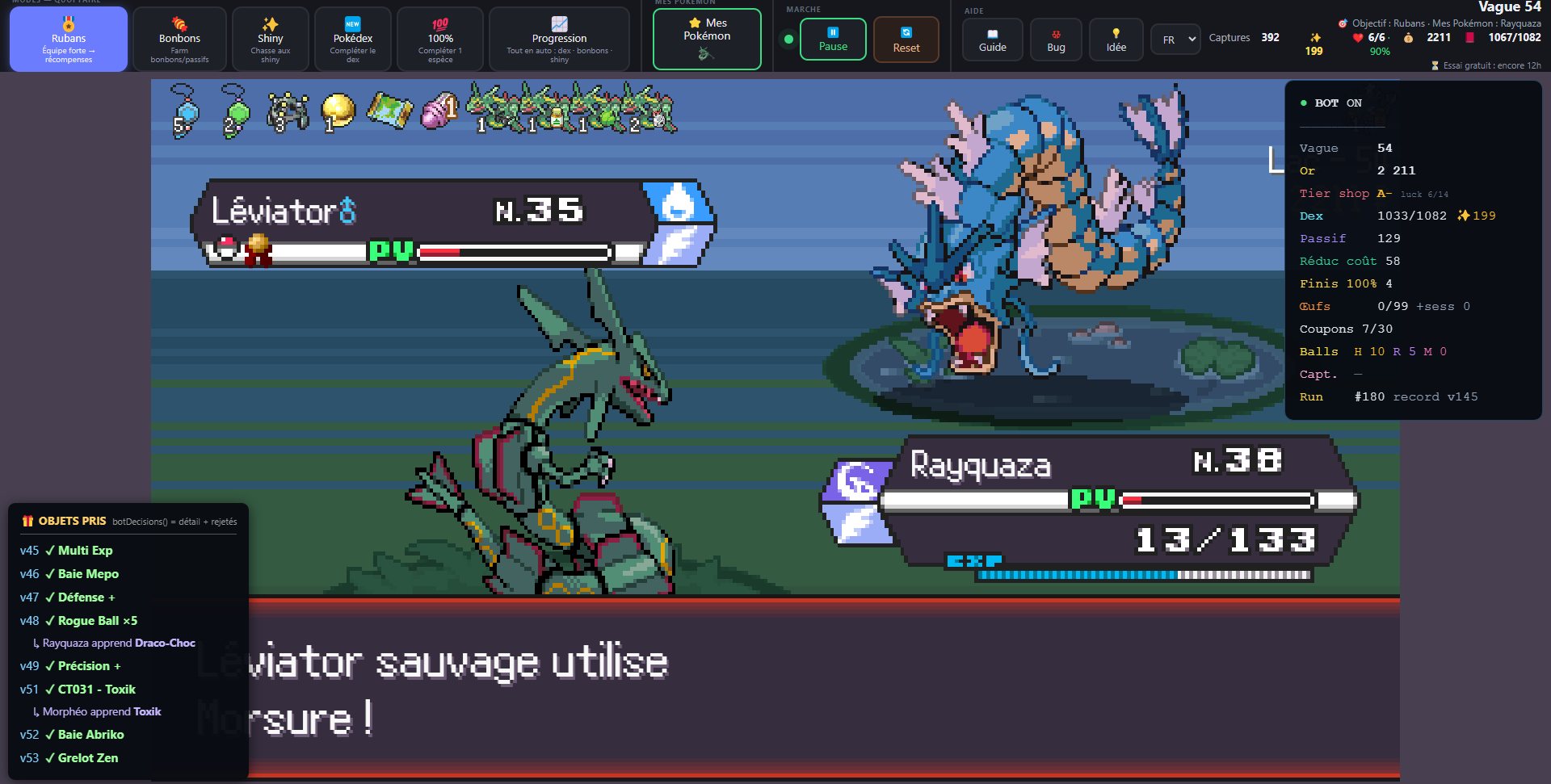 Agent PokeRogue — le bot en action : combat + tableau de bord live